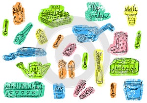 Color set illustrations of garden tool kit. Hand drawn