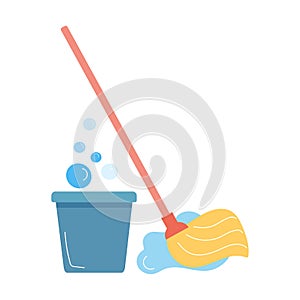 Color set of mop, bucket with water bubbles, cartoon image isolated on a white background