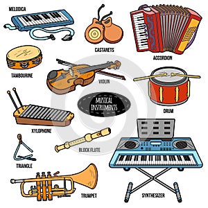 Color set with musical instruments, vector cartoon stickers