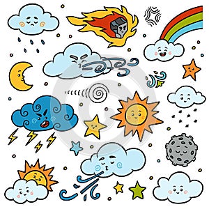 Color set of nature objects. Vector cartoon collection of weather icons