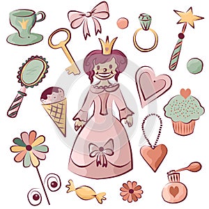 Color set of pink princess and princess accessories.