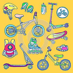 Color set of sporting goods for kids. Vector sketch