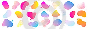 Color shapes, organic splash forms with color gradient and halftone pattern, vector backgrounds. Abstract liquid forms with color