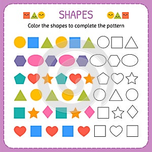 Color the shapes to complete the pattern. Learn shapes and geometric figures. Preschool or kindergarten worksheet photo