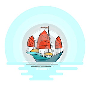 Color ship with red sails in the sea. Sailboat on waves for trip, tourism, travel agency, hotels, vacation card, banner.