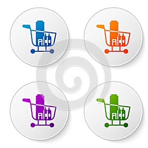 Color Shopping cart and food icon isolated on white background. Food store, supermarket. Set icons in circle buttons