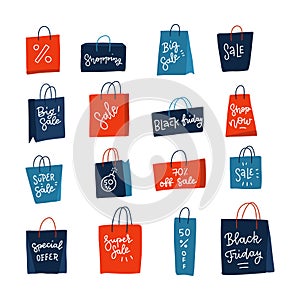 Color shopping paper bags with sales advertising lettering text. Big sale in clothing store. Set isolated on white backdrop. Black