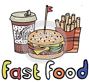 Color silhouette of a fast food on a white background. Sketch drawing. Flat vector photo