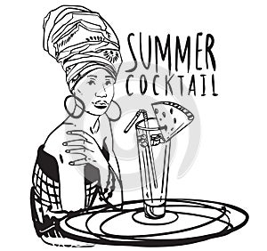 Color silhouette of a girl with cocktail on a white background. Sketch drawing. Flat vector photo
