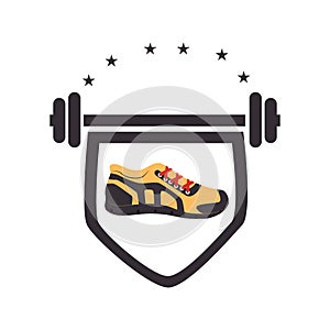 Color silhouette with shield with weighlifting bar and shoe and arc with stars