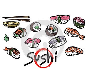 Color silhouette of a sushi on a white background. Sketch drawing. Flat vector photo