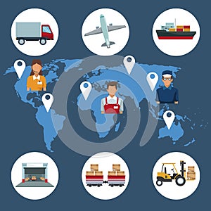 Color silhouette world map background with icons storage logistics and people location