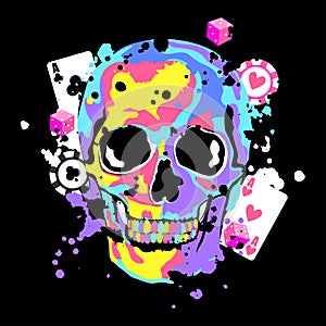 Color skull with game cards and dice.