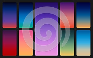 Color sky background on dark. Sunset and sunrise gradients set. Soft colorful backdrop for mobile app. Trendy abstract photo