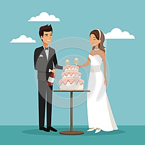 Color sky landscape background with newly married couple scene of cake and champagne toast