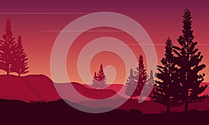 The color of the sky is so stunning at twilight with an aesthetically pleasing silhouette of mountains and pine trees. Vector