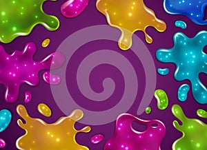 Color slime background. Glossy sticky yellow, purple, green and blue slime blots splashes with glitter. Girly dripping