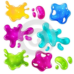 Color slimes. Glossy goo yellow, purple, green and blue slime blots. Girly dripping toys vector isolated set
