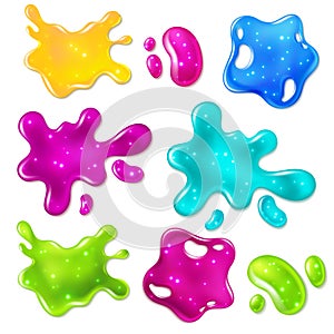 Color slimes. Glossy goo yellow, purple, green and blue slime blots. Girly dripping toys vector isolated set photo