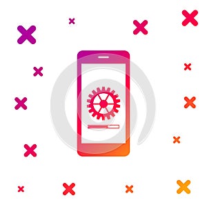 Color Smartphone update process with gearbox progress and loading bar icon isolated on white background. System software