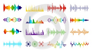 Color sound waves. Audio digital melody wave tracking meter on white background in equalizer symbol vector set