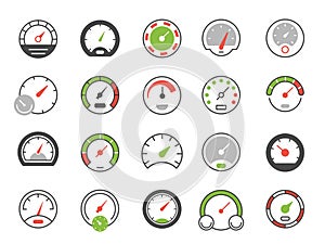 Color speedometer icons. Speed gauge symbol and download indicator. Vector isolated set