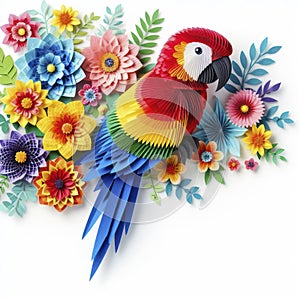 Color Splash: Kirigami Parrot Pops Amid Flower Wonderland, Isolated on White for Artistic Brilliance
