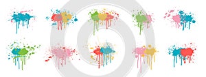 Color splashes with drips and drops, set. Vector illustration