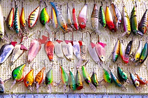 Color spoon baits, tackles and wobblers. Fishing lures and accessories