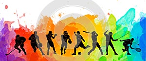 Color sport background. Football, soccer, basketball, hockey, box, tennis, baseball. Vector illustration colorful people silhouett