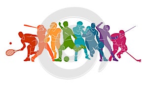 Color sport background. Football, soccer, basketball, hockey, box, tennis, baseball. Vector illustration colorful people silhouett