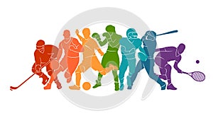 Color sport background. Football, soccer, basketball, hockey, box, tennis, baseball. Vector illustration colorful people silhouett