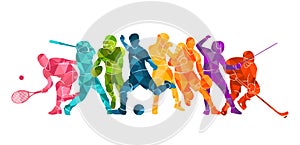 Color sport background. Football, soccer, basketball, hockey, box, tennis, baseball. Vector illustration colorful people silhouett
