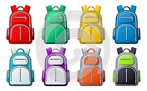 Color sport backpack mockup. Different colored backpacks, bags for travel, sport or school clothes and shoes, realistic