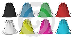 Color sport backpack mockup. Realistic cloth packs with ropes for clothes. Fabric red, blue, pink and green drawstring