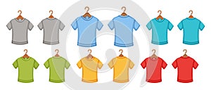 Color sport t-shirt on hanger icon set. Hanging polo shirts for man, woman, kid. Front, back view. Cotton casual clothes. Vector