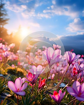 Color spring flowers fairy nature background