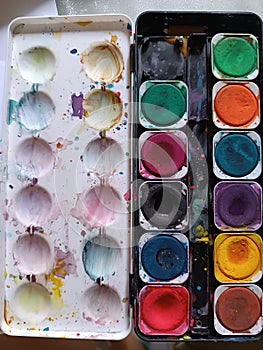 Color stained watercolor box, creativity photo