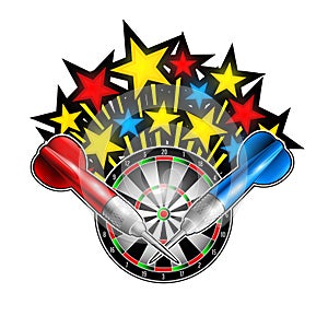 Color stars flaing out from dartboard with red and blue darts. Sport logo for any darts game or championship on white photo