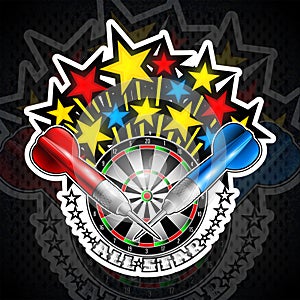 Color stars flaing out from dartboard with red and blue darts. Sport logo for any darts game or championship photo