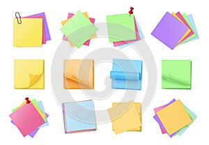 Color sticky note stack. Blank adhesive notepads, stacked multicolored memo pads pinned with pins or paper clips. Office