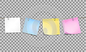 Color sticky notes attached metal paper clips on tape on transparent background. Template for design. Vector illustration