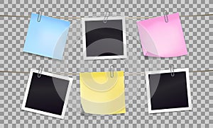 Color sticky notes and photo frames attached metal paper clips on tapes. Template for design. Vector illustration