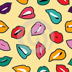 Color stitch patch seamless pattern with woman lip
