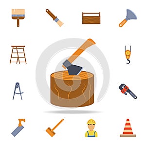 color stump and ax icon. Detailed set of color construction tools. Premium graphic design. One of the collection icons for