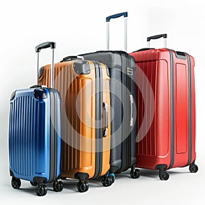 Color suitcases set isolated, modern travel bags group, handbags pack, different luggages, baggage collection