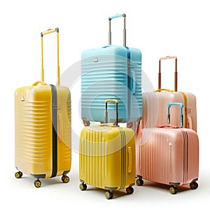 Color suitcases set isolated, modern travel bags group, handbags pack, different luggages, baggage collection