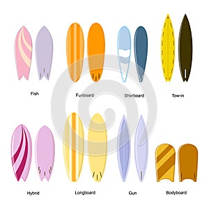Color Surf Board Set. Different Shape. Vector