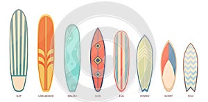 Color surfboards set. Patterned different boards for cutting through waves, summer beach activities items, sea sport