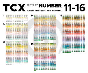 Color table Pantone of the Fashion, Home and Interiors colors sorted by number. Palette with number, named swatches, chart conform